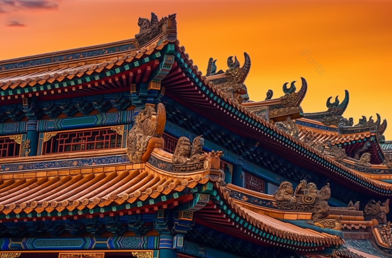 晚霞衬映下的古代建筑故宫斗拱,高清,摄影图,摄影图片,图片大全,摄影图免费下载